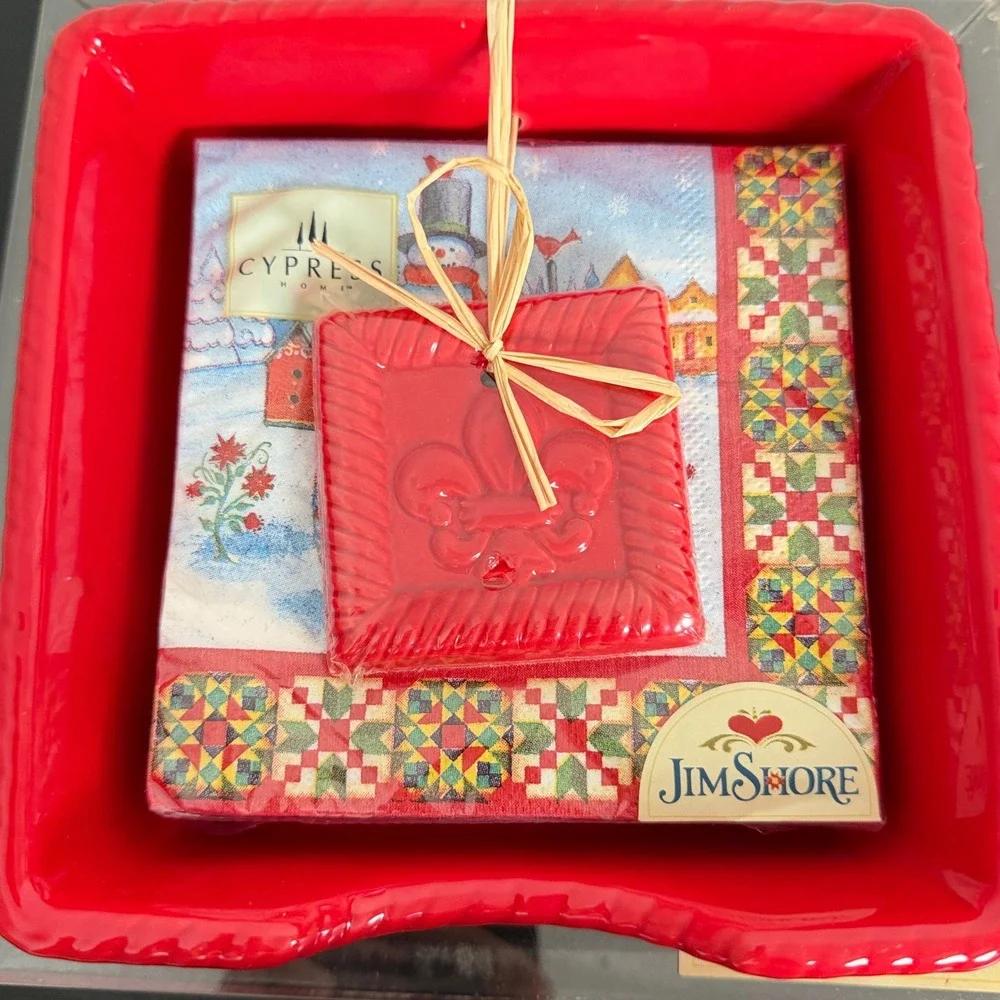 Jim Shore Cypress Home Red Ceramic Napkin Holder Set Holiday Snowman Fleur DeLis